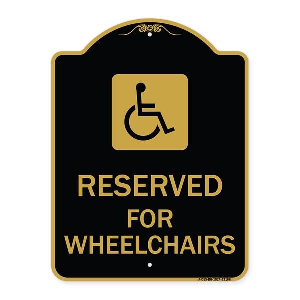 Reserved for Wheelchairs W/ Graphic, Black & Gold Aluminum Sign, 18" x 24", BG-1824-23166